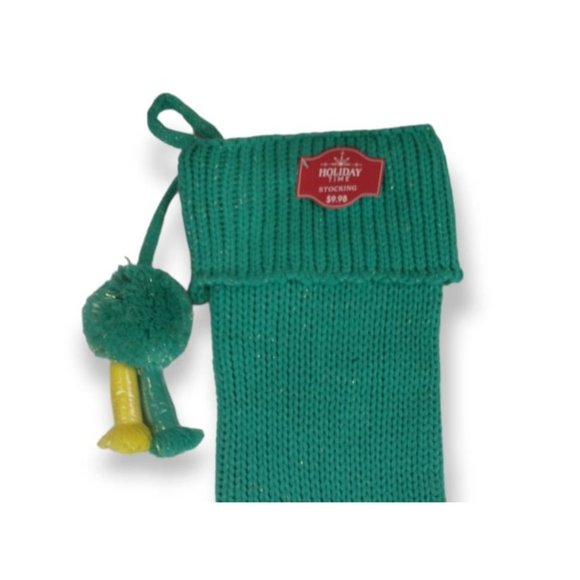 Holiday Time Aqua Green Lurex Knit 21 in Christmas Stocking with Tassels (New) - Picture 3 of 3